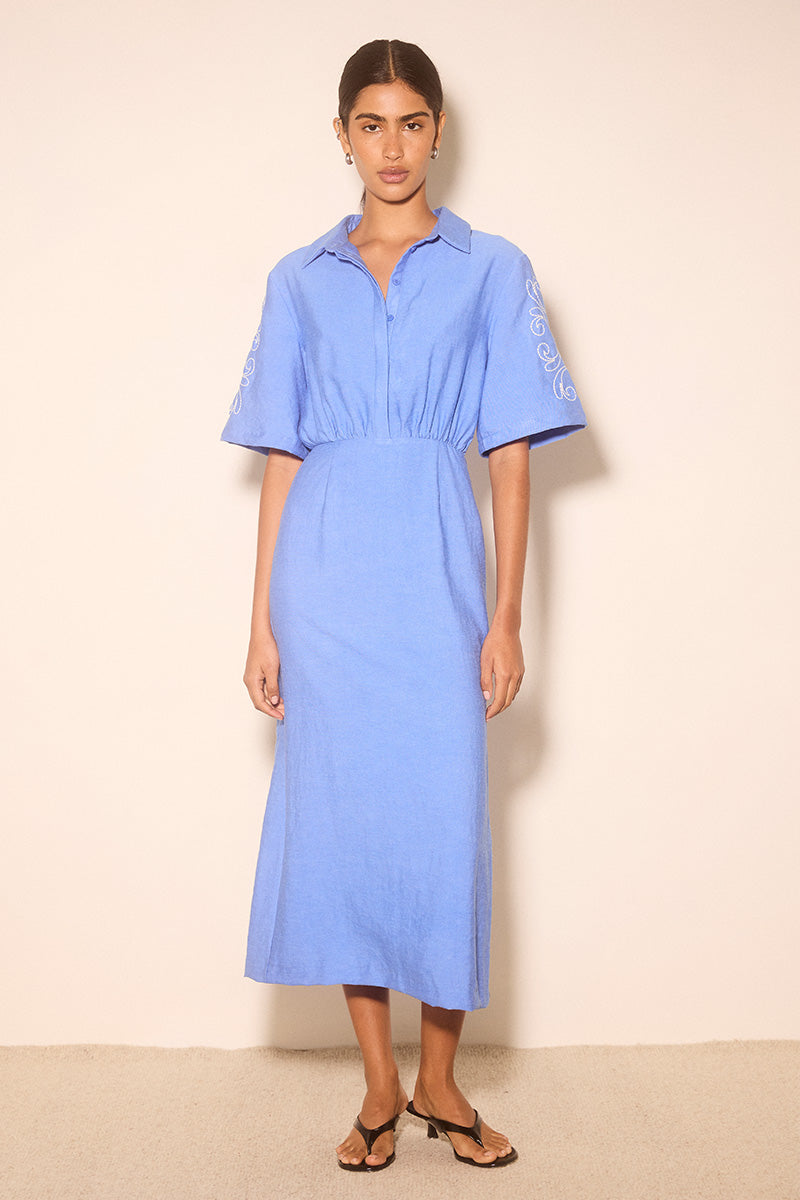 Zahra Embroidered Midi Dress Oasis Blue – MØN RENN