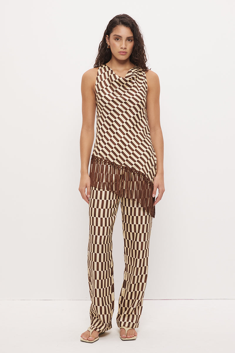 Sleeveless bias-cut longline top in brushed woven fabric with cowl neckline and macrame tassel hem