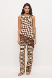 Sleeveless bias-cut longline top in brushed woven fabric with cowl neckline and macrame tassel hem