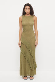Sheer mesh lace midi dress with fit and flare silhouette, waist ruching and flounced frill hem