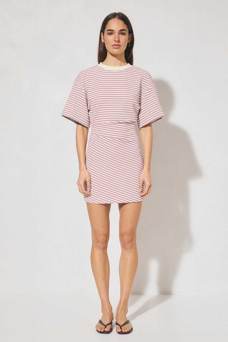 Striped bonded knit tee shirt mini dress with oversized fit, cinched waist, wide sleeves, and crew neckline