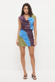 Sleeveless mini dress with cowl neckline, blouson bodice and exclusive handcrafted print – lightweight stretchy mesh