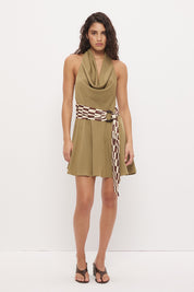 Halter neck mini dress in sateen with cowled neckline and contrast wooden ring belt