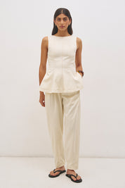 Cotton twill barrel leg pants with mid-rise fit, drawstring waist and structured panel detailing