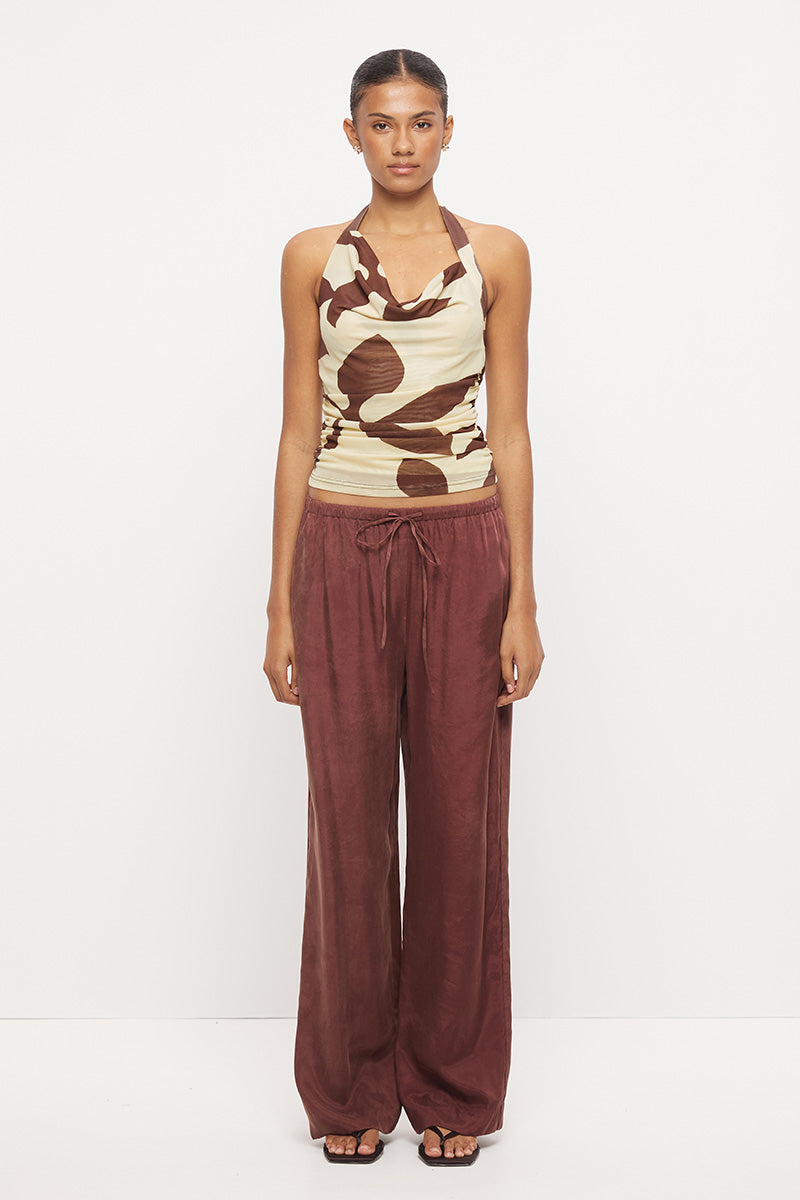 Fitted halter neck top in stretch mesh with asymmetrical draped cowl neckline in exclusive handcrafted print