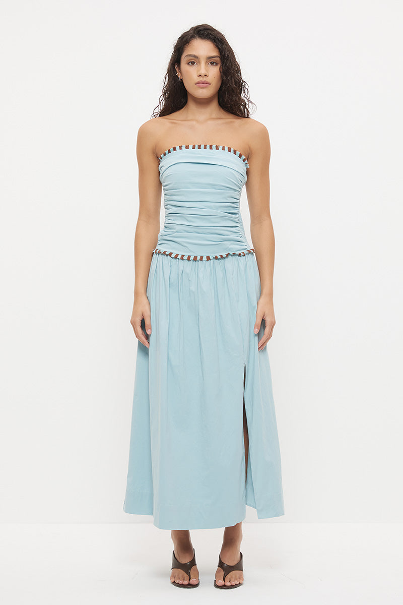 Strapless maxi dress in textured stretch cotton with two-tone fringed trim detail