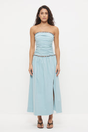 Strapless maxi dress in textured stretch cotton with two-tone fringed trim detail