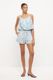 Mid-high rise waisted shorts in rayon blend with pinstitched pleats and rouleaux waist tie