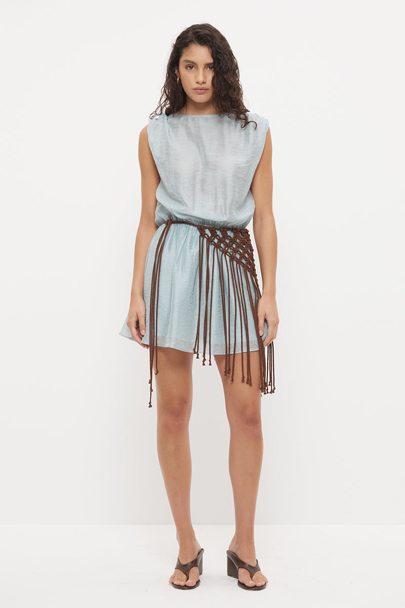 Sleeveless mini dress in sheer woven fabric with blouson bodice and tasseled scarf belt