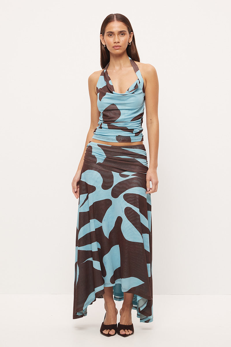 Fitted halter neck top in stretch mesh with asymmetrical draped cowl neckline in exclusive handcrafted print