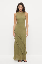 Sheer mesh lace midi dress with fit and flare silhouette, waist ruching and flounced frill hem