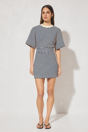Striped bonded knit tee shirt mini dress with oversized fit, cinched waist, wide sleeves, and crew neckline