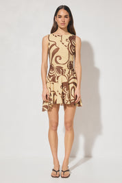 Sleeveless mesh mini dress with handcrafted print, boat neckline, fit and flare silhouette, and hi-lo hem