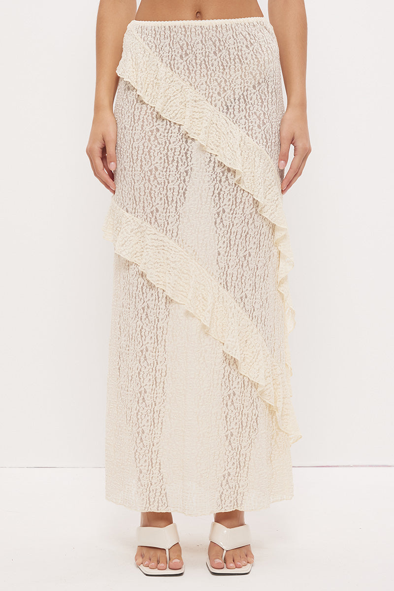 Sheer mesh lace maxi skirt with A-line silhouette, flounced frill panels and lettuce hem finish