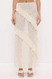 Sheer mesh lace maxi skirt with A-line silhouette, flounced frill panels and lettuce hem finish