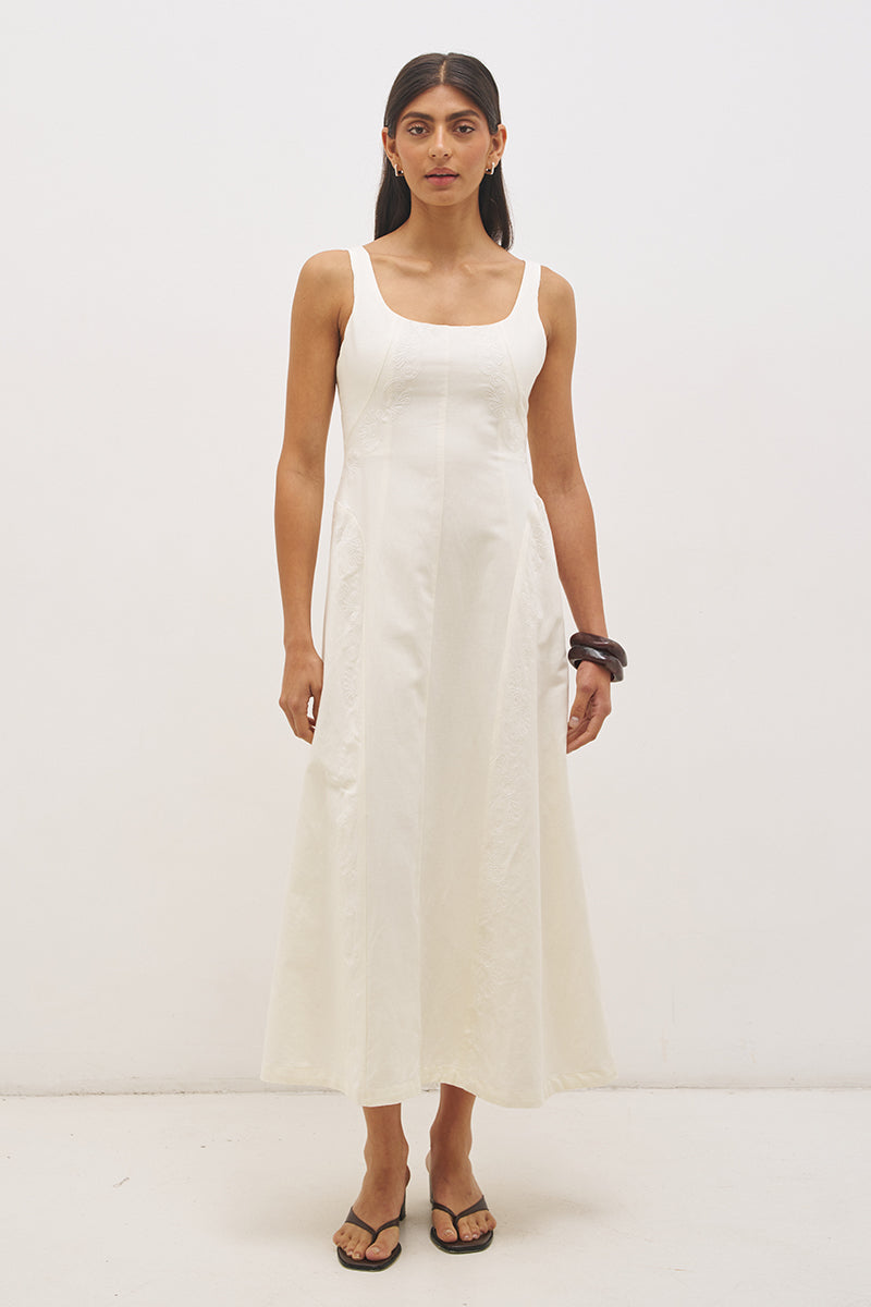 Linen blend strappy maxi dress with fit and flare silhouette, embroidered panels, scooped neckline and back cut-out detail