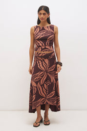 Printed asymmetrical midi skirt with gathered waistband, draped hi-lo hem, and front split in stretch modal jersey