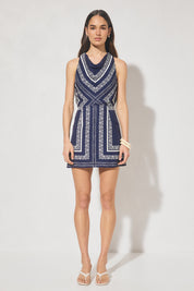 Sleeveless mini dress with handcrafted placement print, blouson bias-cut bodice, cowled neckline, and skimming mini skirt