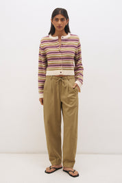 Relaxed fit striped knit cardigan with button front, contrast rib trim and wide sleeves in soft wool blend