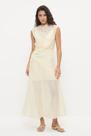 Sheer maxi dress with dropbeading embellishment and jewel neckline over separate slip