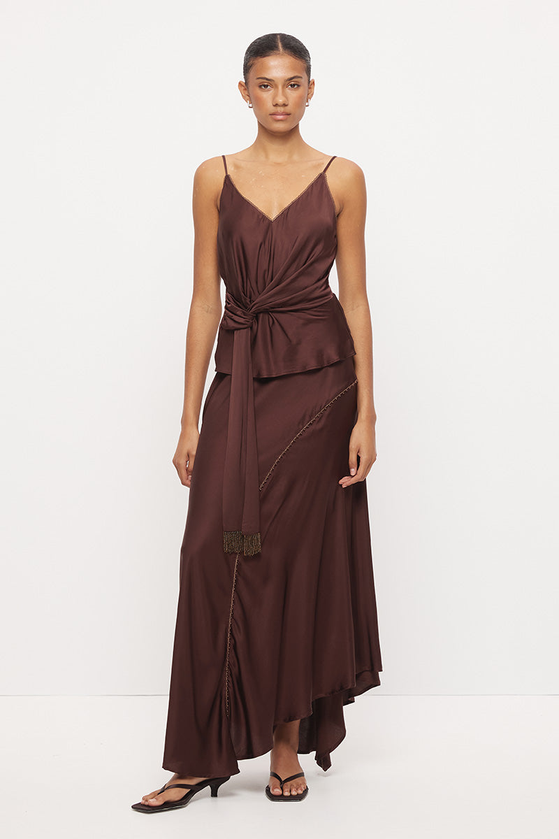 Bias-cut sateen camisole top with scalloped V-neckline, beaded tassel sash and adjustable straps