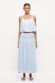 High waisted midi skirt in semi-sheer crinkle woven fabric with pinstitched waistband and tulip hem