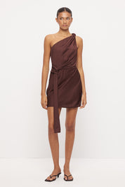 One-shoulder bias-cut sateen mini dress with draped bodice, tonal beaded trim and cinched sash