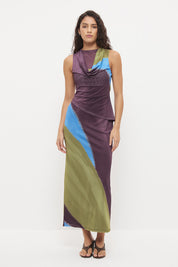 Sleeveless column dress with draped cowl neckline, asymmetric overlay bodice and exclusive handcrafted print – fitted midi length