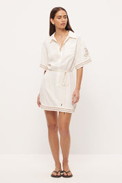 Embroidered mini shirt dress in linen blend with blouson silhouette, cornelli embroidery and rope waist tie