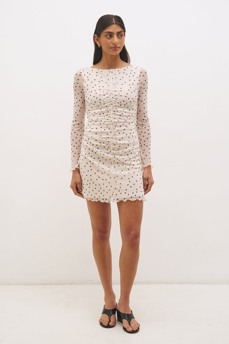 cream polka dot dress Vesper Spot Long Sleeve Mini Dress Cream Base Polka Dot – MØN RENN