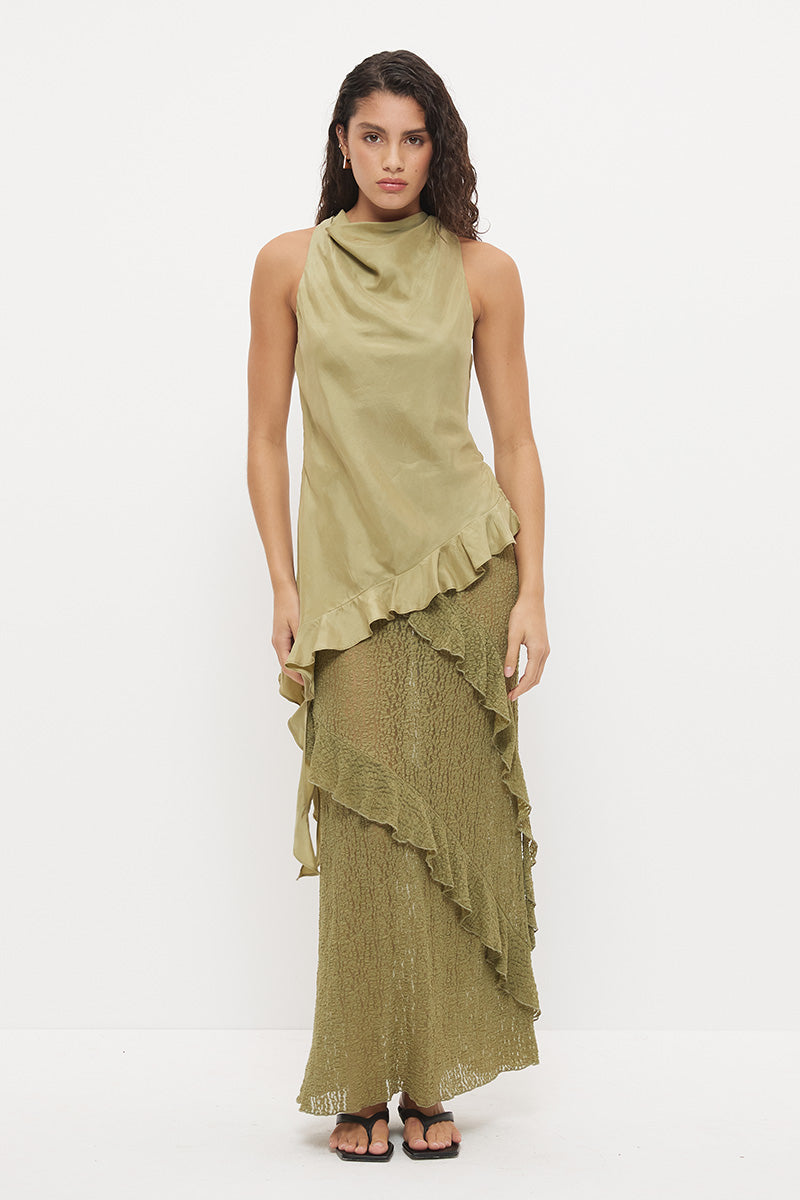 Sheer mesh lace maxi skirt with A-line silhouette, flounced frill panels and lettuce hem finish