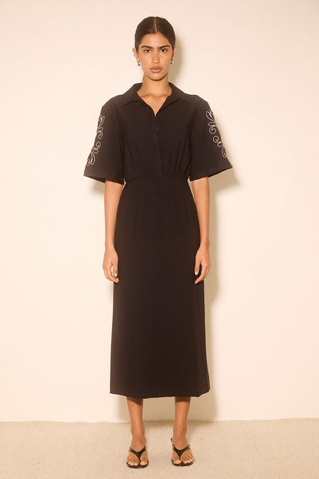mon renn fresco embroidered dress Zahra Embroidered Midi Dress Midnight Black – MØN RENN