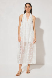ELOWEN Halter Midi Dress in semi-sheer embroidered fabric with V-neck halter neckline, A-line swing silhouette, and removable macramé waist belt