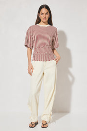 Striped bonded knit oversized women’s tee shirt with cinched waist, side splits, wide sleeves, and crew neckline
