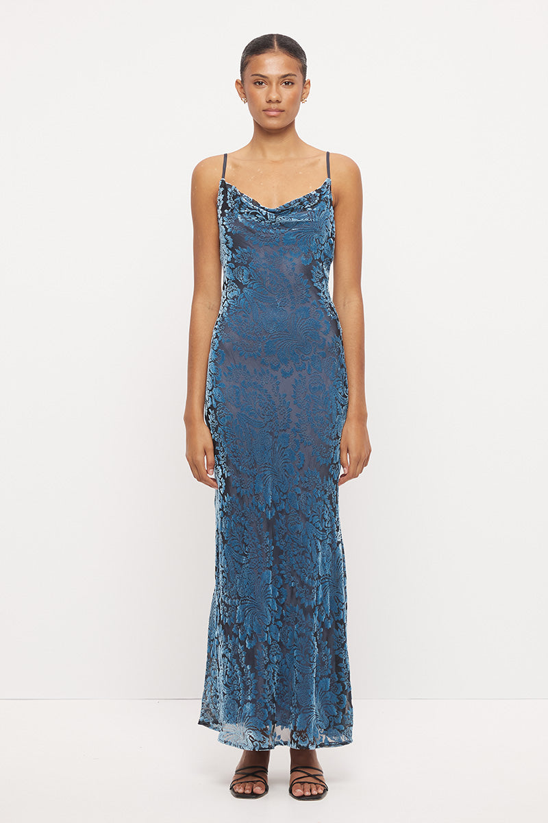 Bias cut maxi slip dress in devoré velvet with cowl neckline and contrast satin straps