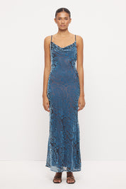 Bias cut maxi slip dress in devoré velvet with cowl neckline and contrast satin straps