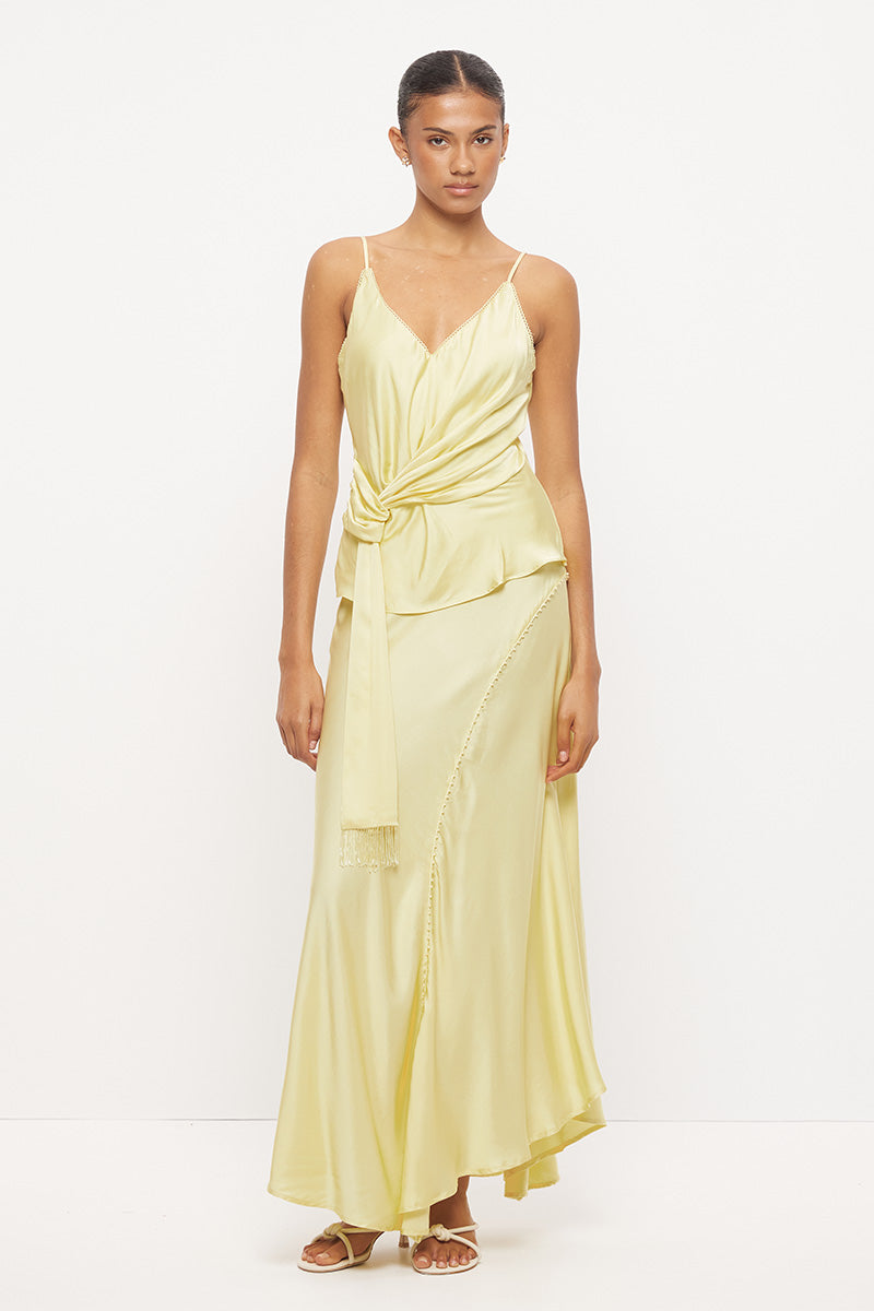 Bias-cut sateen camisole top with scalloped V-neckline, beaded tassel sash and adjustable straps