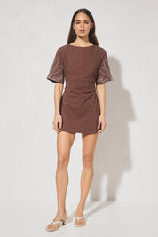  Shift mini dress in woven cotton-blend with cornelli applique, jewel neckline, short flared sleeves, and A-line skirt