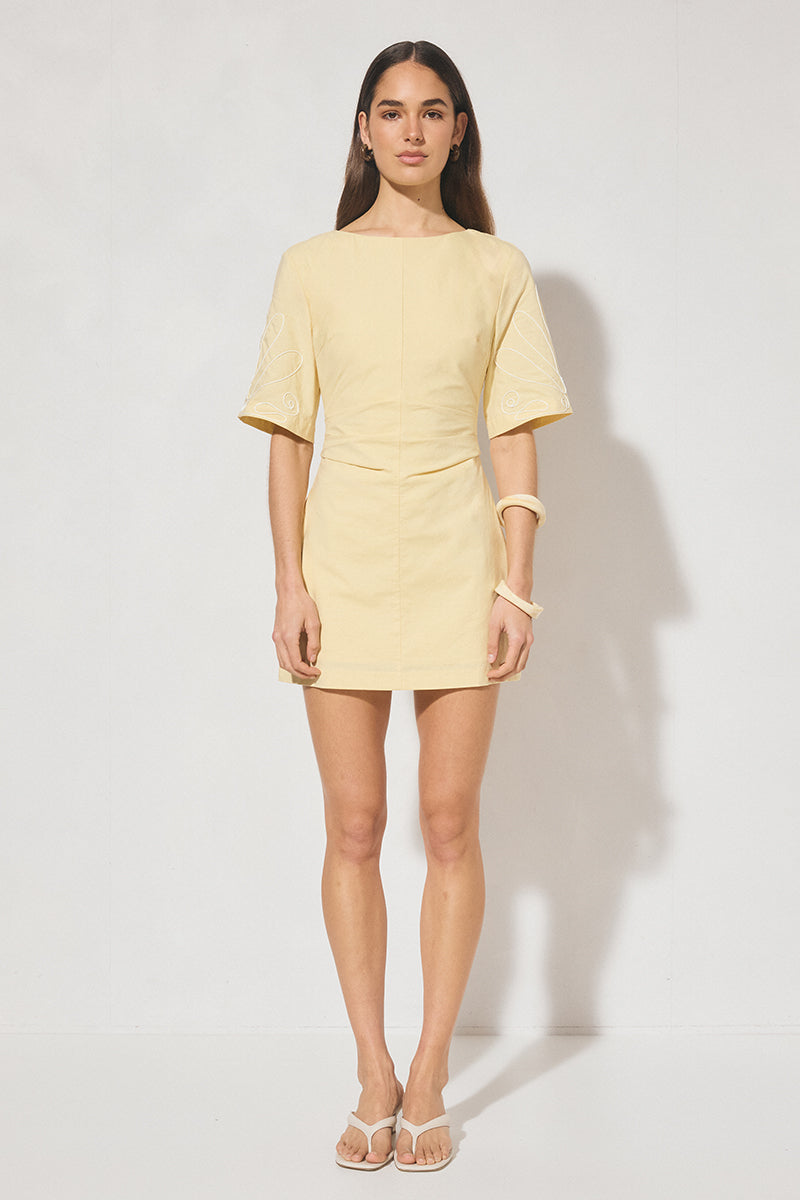  Shift mini dress in woven cotton-blend with cornelli applique, jewel neckline, short flared sleeves, and A-line skirt