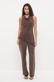 Sleeveless longline bias top with cowl neckline, scalloped lace hem and asymmetrical hem in silky cupro blend fabric
