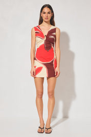 Handcrafted print sleeveless mini dress with plunging V neckline, cascading ruching, angled waist tucks, and wide back straps