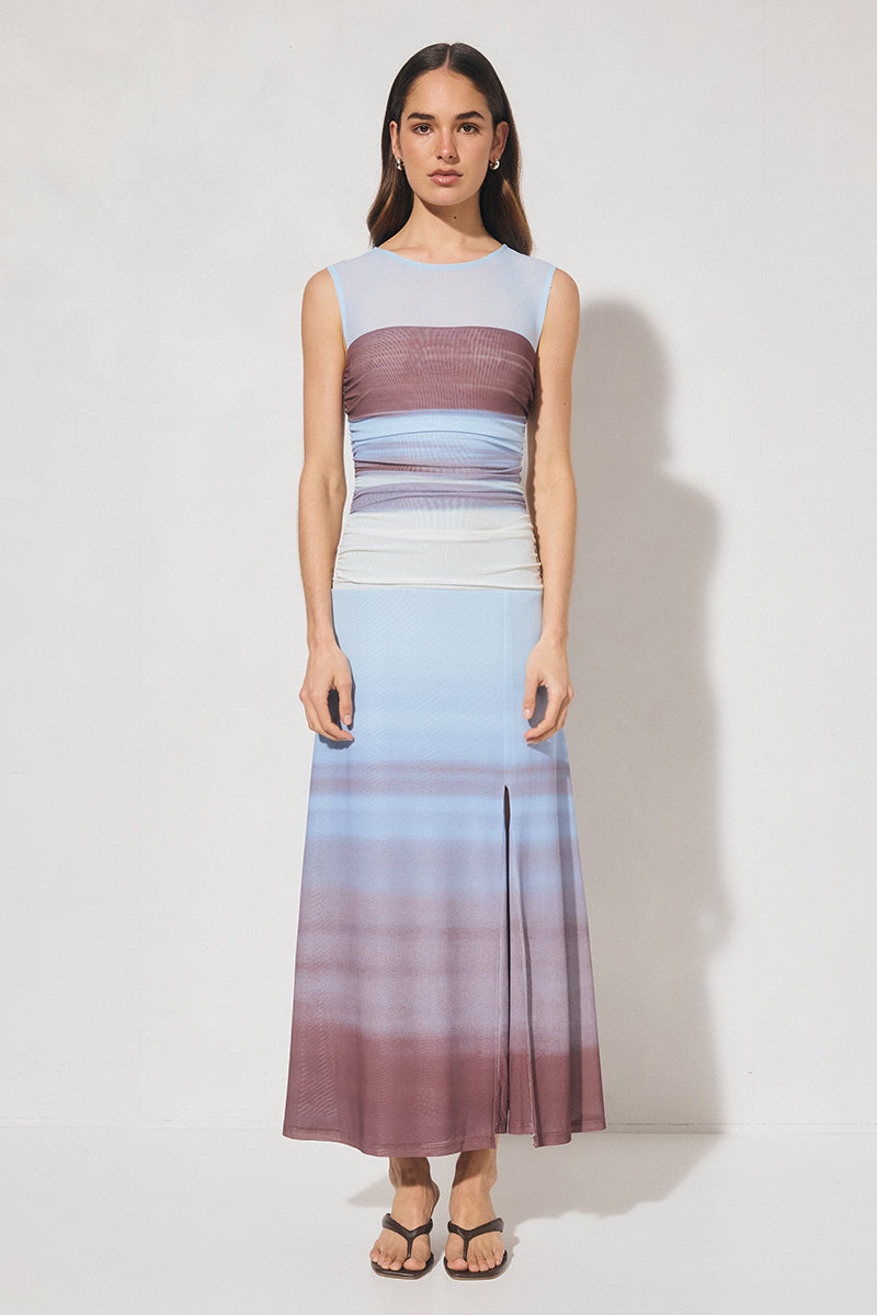 Sleeveless ombre mesh midi dress with fit and flare silhouette, sheer shoulder yoke, waist ruching, A-line skirt, and front leg split
