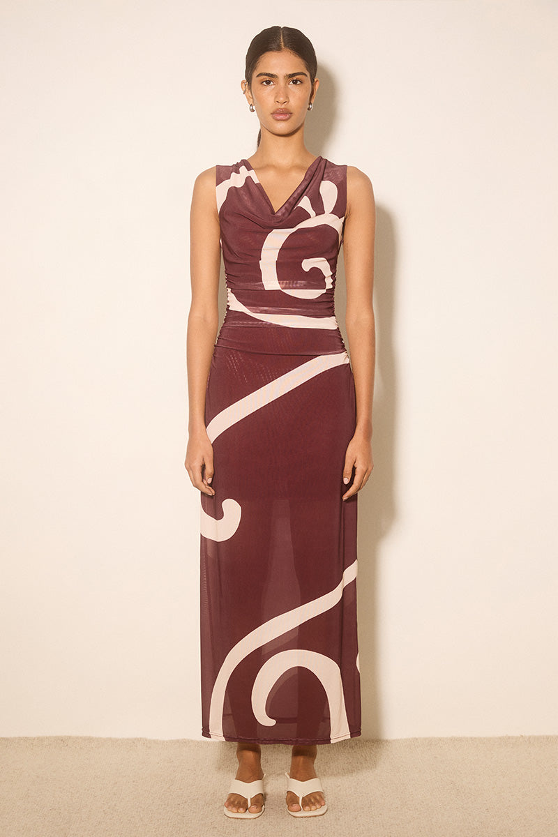 Sleeveless mesh maxi dress with handcrafted placement print, draped cowl neckline and flattering waist gathers, featuring a skimming fit and midi-to-maxi length.