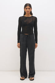 Semi sheer knitted long sleeve top with floral appliqué, jewel neckline and skimming fit