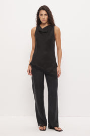 Sleeveless longline bias top with cowl neckline, scalloped lace hem and asymmetrical hem in silky cupro blend fabric