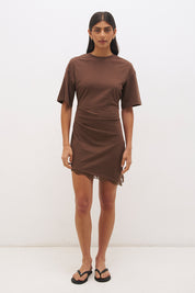 Cotton jersey tee mini dress with cinched waist, fitted skirt, side split and lace trim angled hem