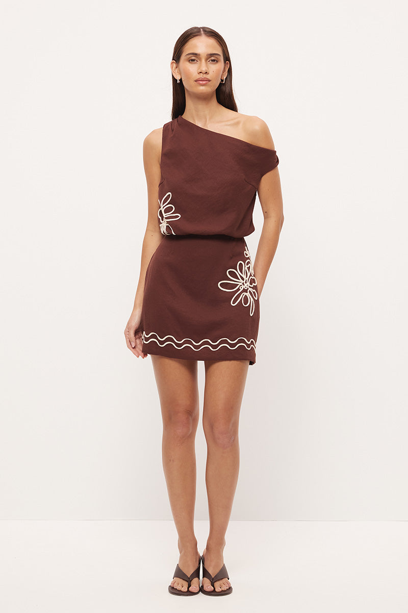 One-shoulder mini dress with blouson silhouette, twisted off-shoulder strap and cornelli embroidery