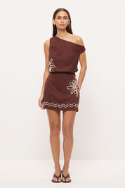 One-shoulder mini dress with blouson silhouette, twisted off-shoulder strap and cornelli embroidery