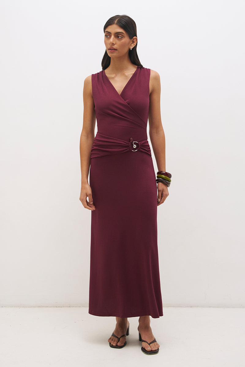 Sleeveless jersey maxi dress with cowl neckline, spiral ring detail, ruched bodice and fit and flare silhouette