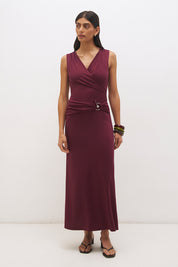 Sleeveless jersey maxi dress with cowl neckline, spiral ring detail, ruched bodice and fit and flare silhouette